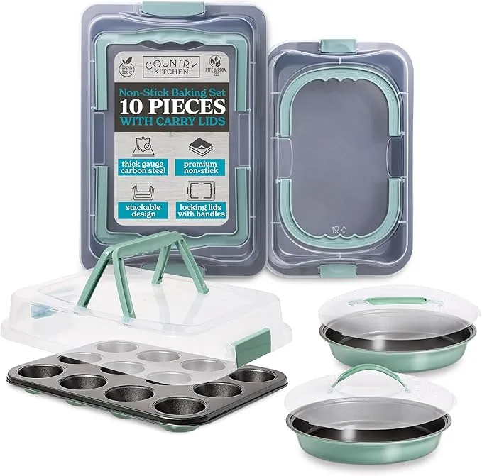 Country Kitchen 10-Piece Non-Stick Baking Pan Set with Lids – Sage